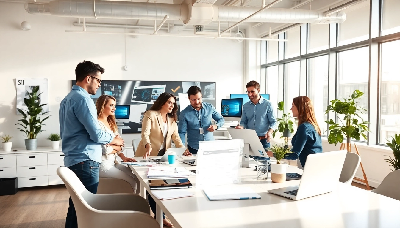 Creative professionals at a web design company collaborating on digital projects.