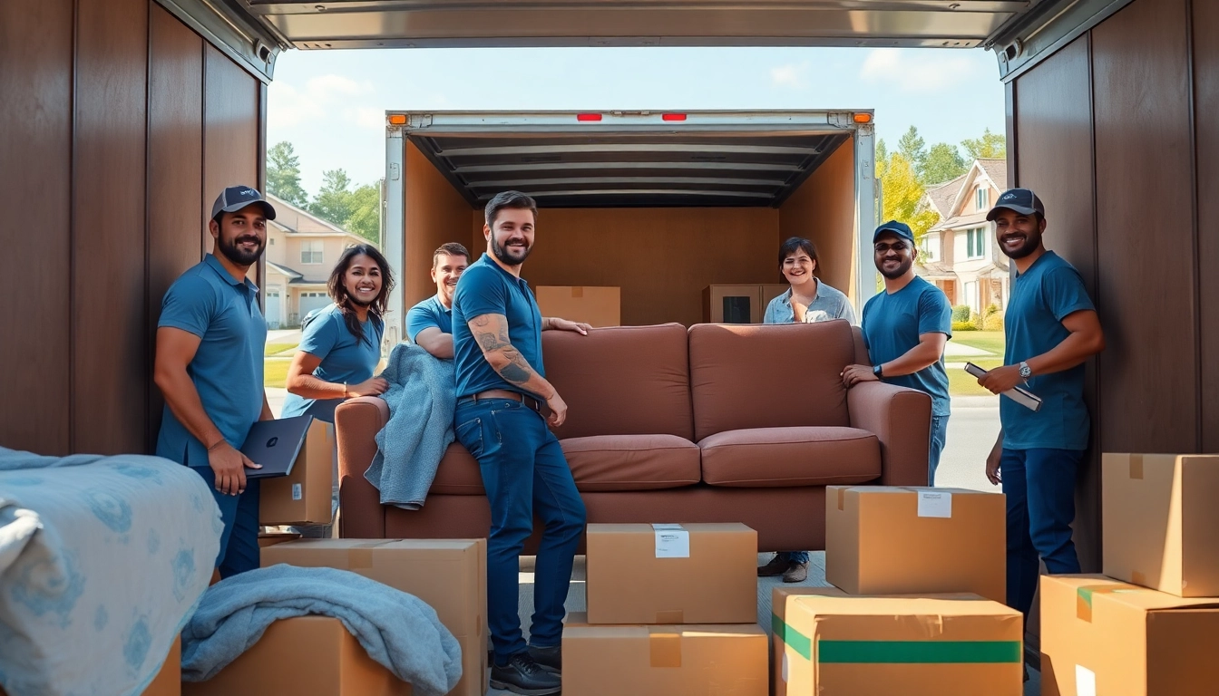 Movers efficiently loading furniture into a truck in a suburban neighborhood.