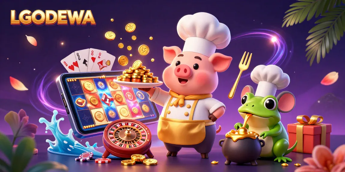 Play exciting slots with LGODEWA in a vibrant casino scene filled with animated coins and gaming symbols.