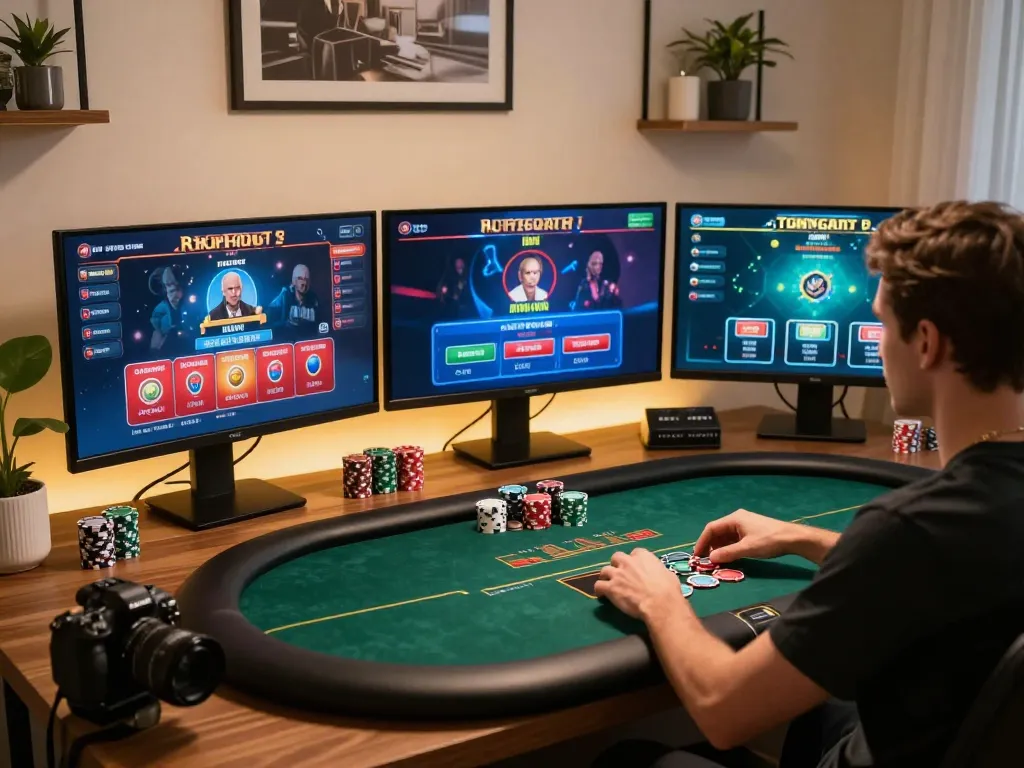 Player enjoying strategic gameplay on paris888 online casino platform with multiple screens