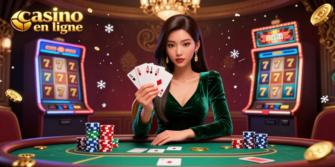 Scène de casino en ligne avec une femme asiatique photoréaliste à une table de poker tenant des cartes et entourée d'éléments de machines à sous.