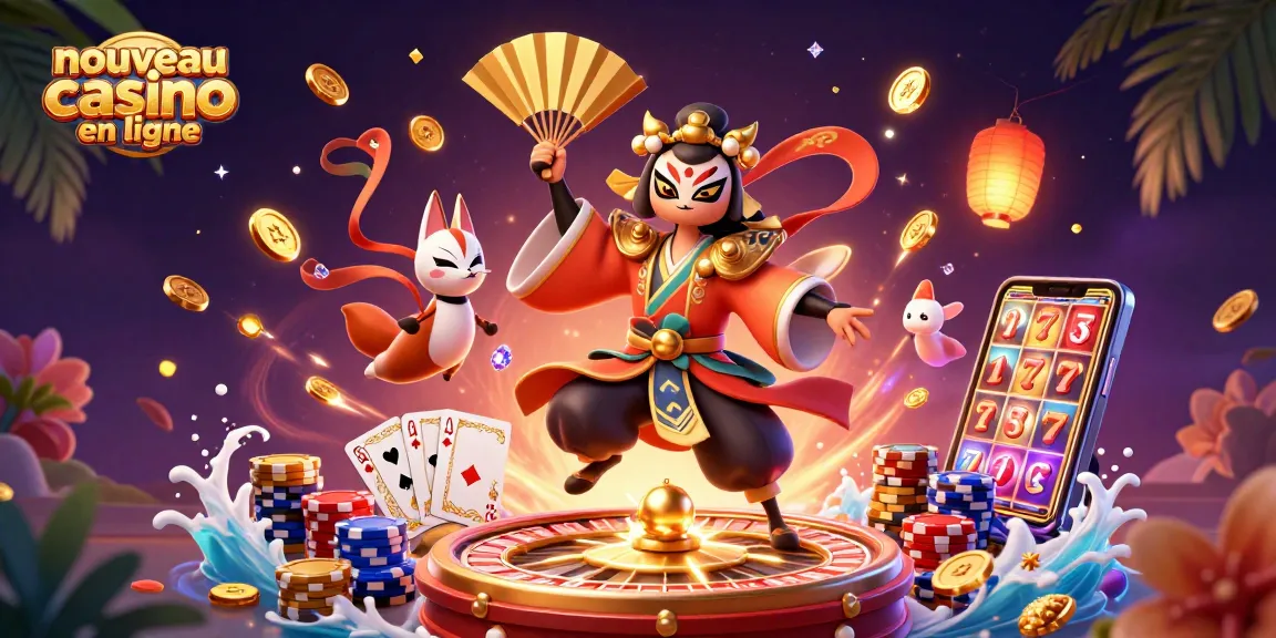 Plongez dans l'univers du nouveau casino en ligne avec un guerrier kabuki, des jetons de poker et des pièces d'or scintillantes.