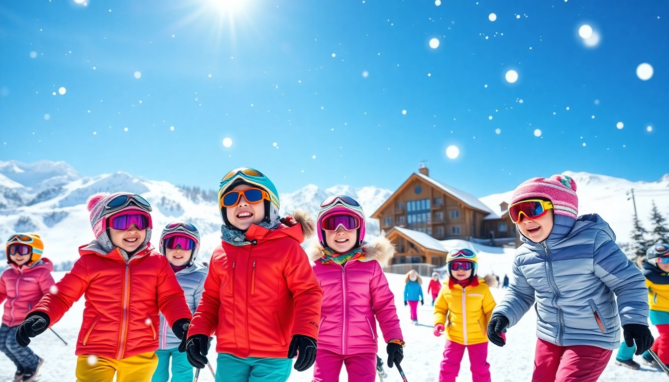Children wearing colorful childrens ski wear happily playing in the snow, showcasing winter fun.