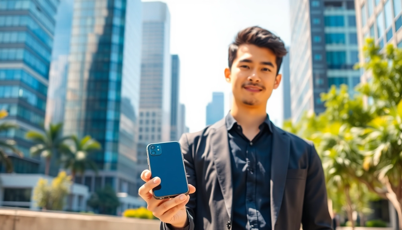 Sell my old phone with a young adult confidently holding it in an urban setting.