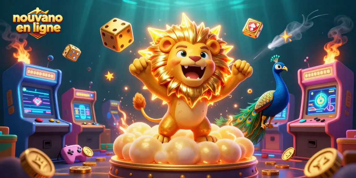 Aperçu d'un nouveau casino en ligne avec un lion, des dés dorés et des éléments de jeu colorés