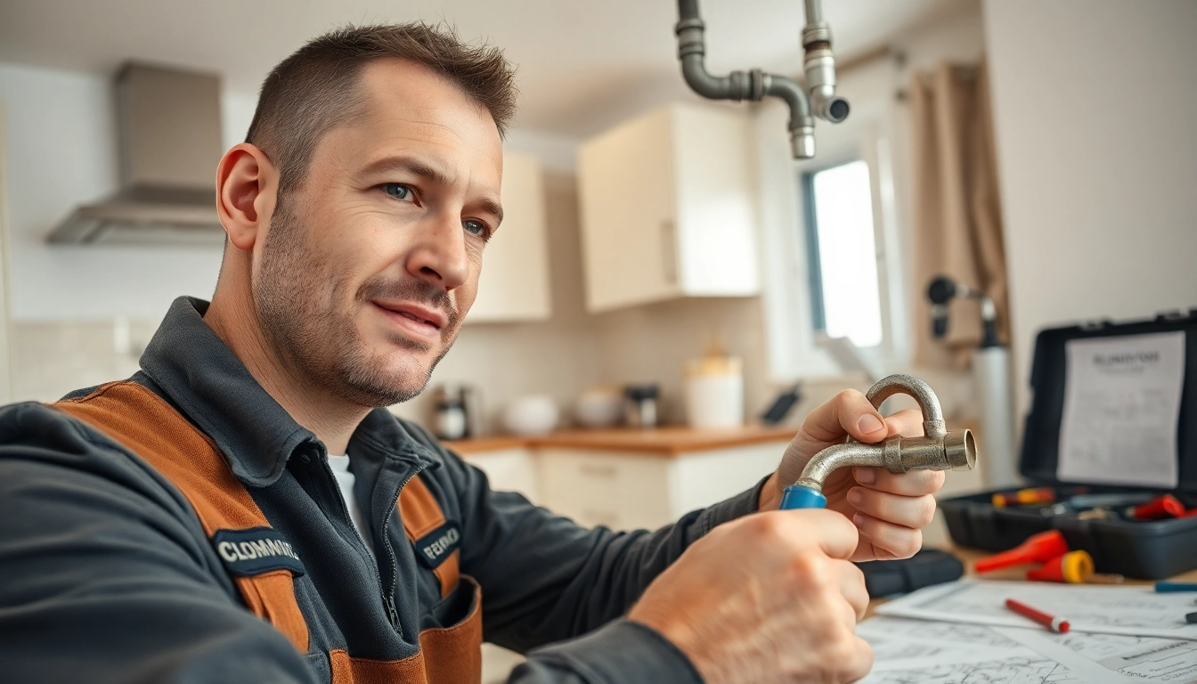 Bristol plumber fixing a residential plumbing system in a modern kitchen environment.