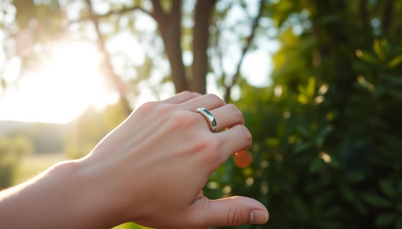 Experience the advanced features of the Health Ring on a wrist in a tranquil outdoor setting.