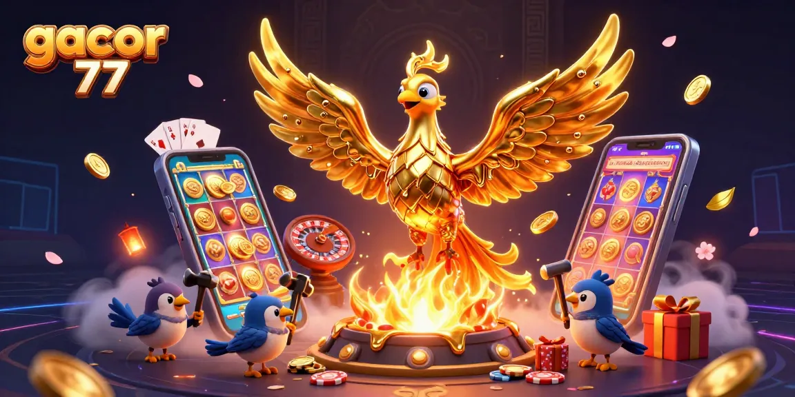 Gacor 77 menghidupkan permainan slot dengan phoenix emas dan smartphone penuh koin.