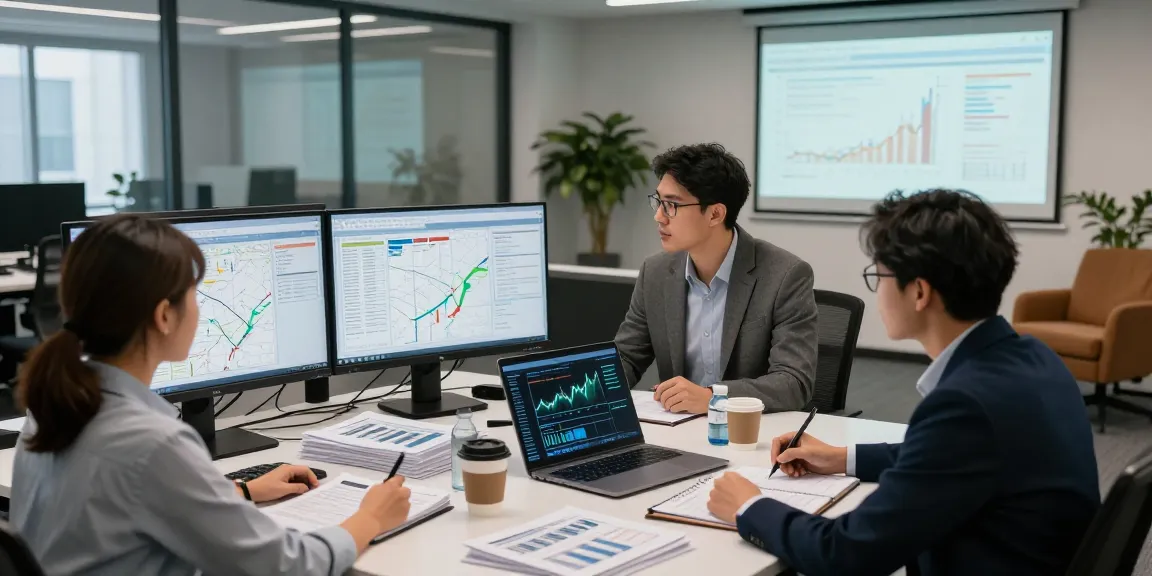 Team analyzing asset tracing with digital maps and financial models in a modern office
