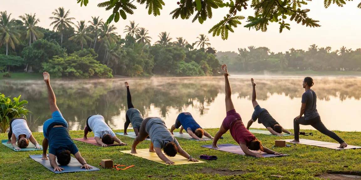 Yoga Alliance teacher training Sri Lanka at sunrise by Koggala Lake, instructor guiding diverse students through poses in a serene outdoor setting.
