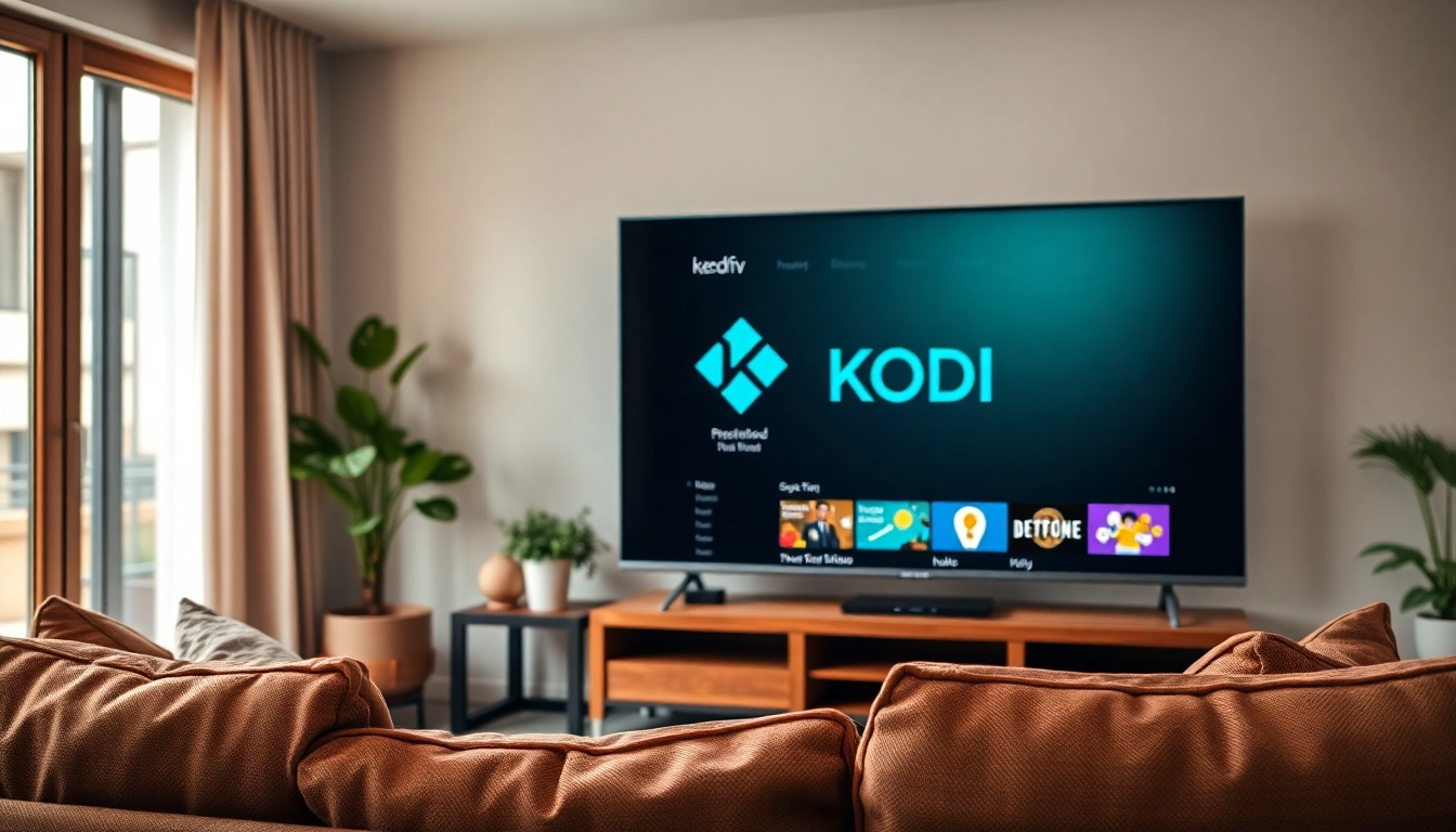 Engaging scene showcasing Kodi TV interface on a sleek television in a cozy living room setting.
