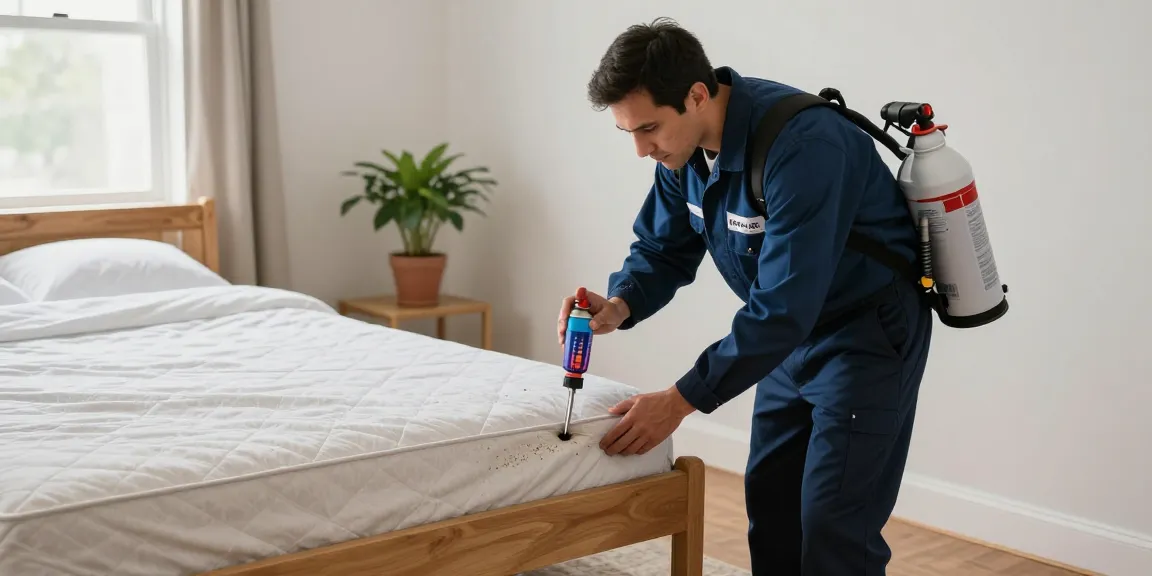 Professional bed bug exterminator in Milwaukee preparing for treatment in a clean bedroom.