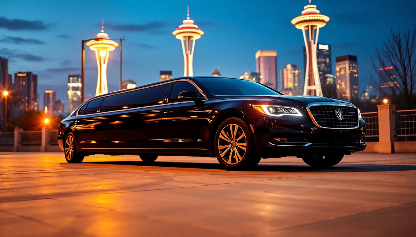 Experience premium vancouver to seattle car service with luxury limousines in front of Seattle's Space Needle.