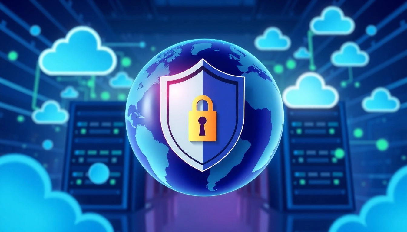 Illustration of CDN with DDoS Protection showcasing a secure digital shield and global connectivity.