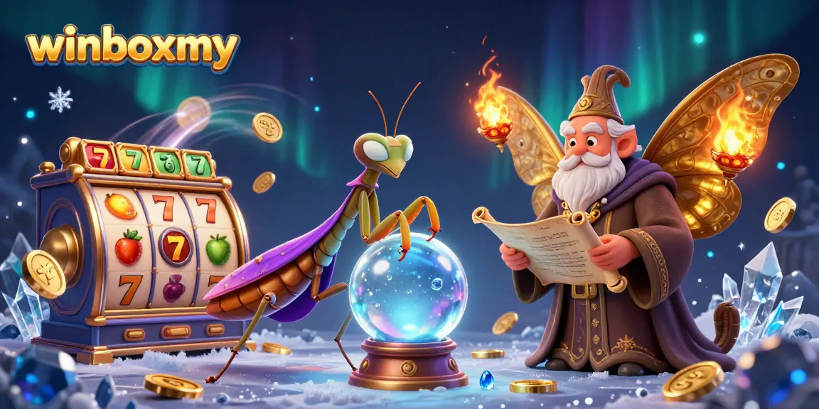 Experience the excitement of winboxmy with vibrant slot reels and lucky 7s circling mystical characters.