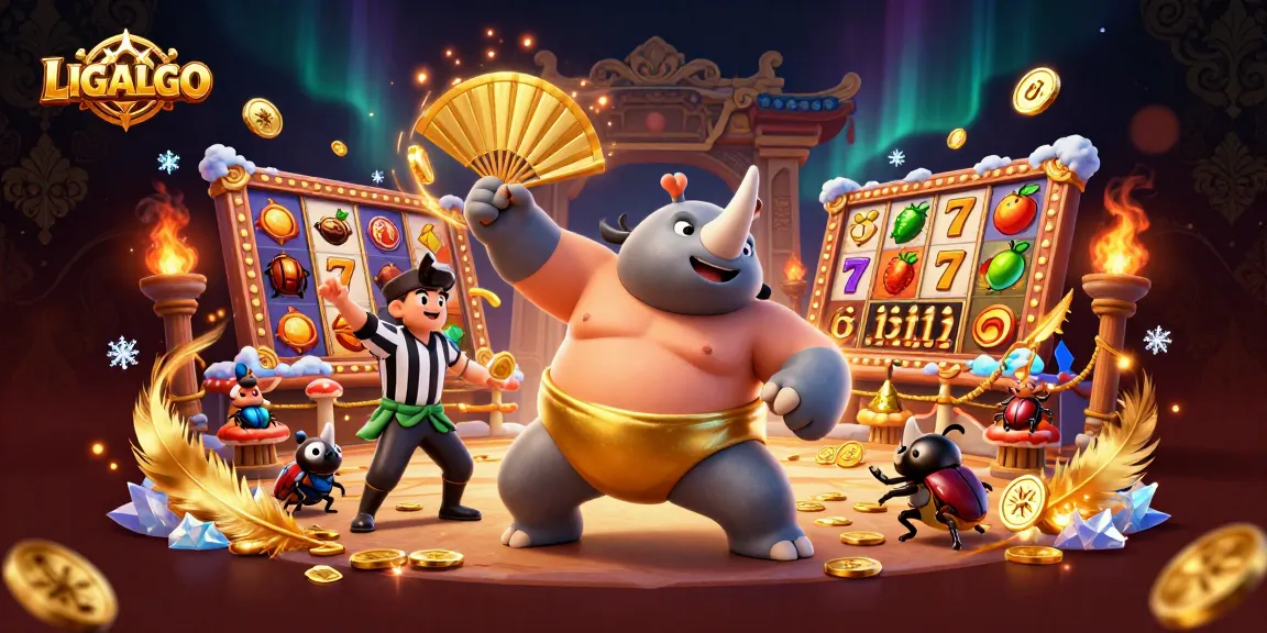 LIGALGO showcases an exciting 3D scene featuring a rhinoceros beetle champion amidst flying coins and dynamic slot elements.