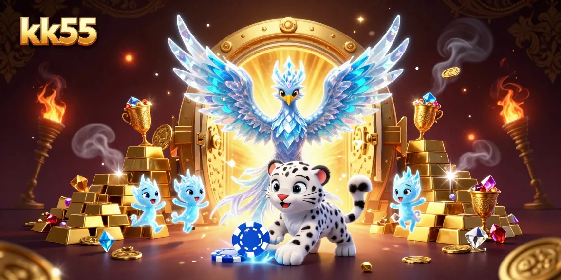 Engage with the thrilling allure of kk55, featuring vibrant casino elements and a playful snow leopard cub.