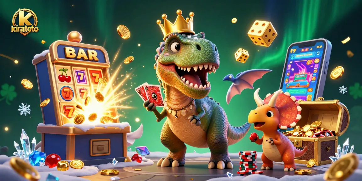 Engage with kiratoto's lively casino scene featuring a T-Rex shuffling cards alongside friends.