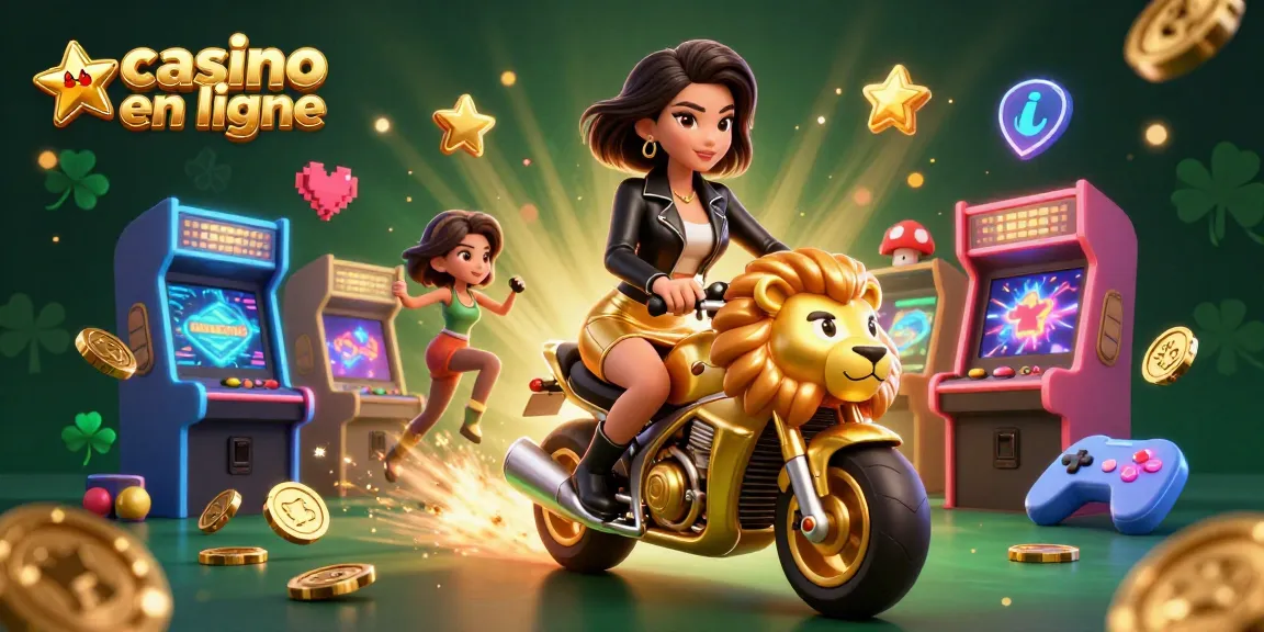 Vivez une action palpitante au casino en ligne avec une femme asiatique glamour chevauchant une mascotte lion doré.