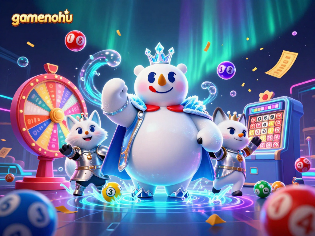 Experience gamenohu's exciting lottery action with vibrant colors and engaging 3D characters.