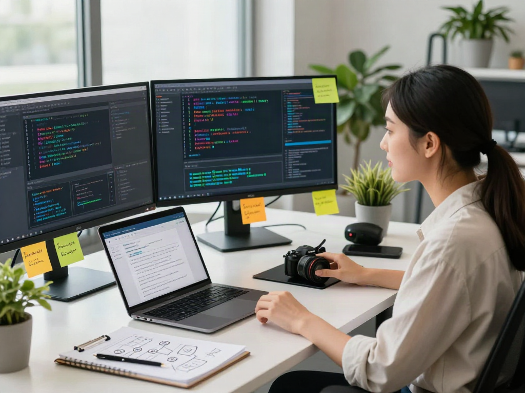 Document fraud detection software in a modern office workspace with data visualizations and workflow sketches.