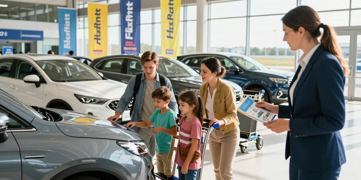 FlexRent Chirie Auto Chișinău scene of friendly agent assisting a family at airport car rental.