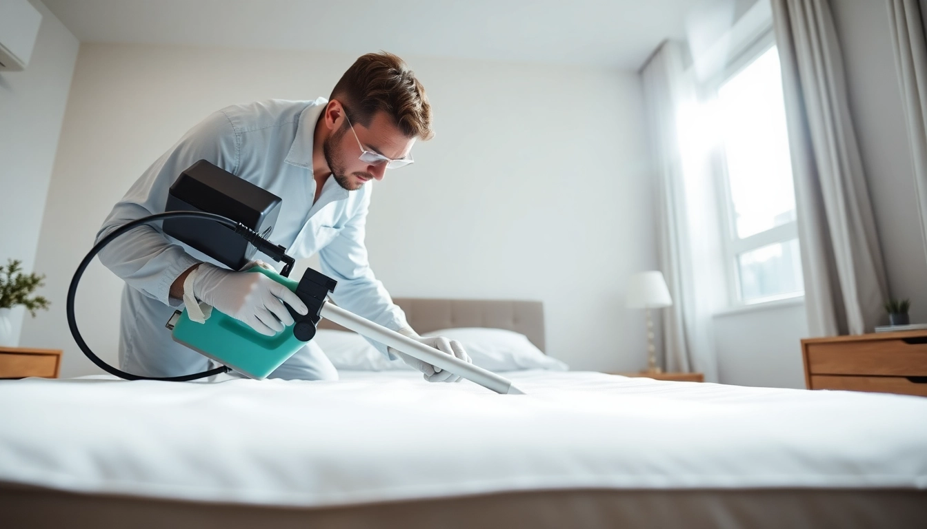 Effective bed bug pest control treatment in a clean bedroom, showcasing the process.