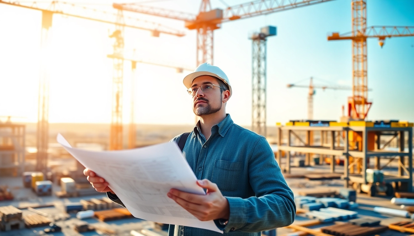 New Jersey Construction Manager supervising active construction site with blueprints and workers.