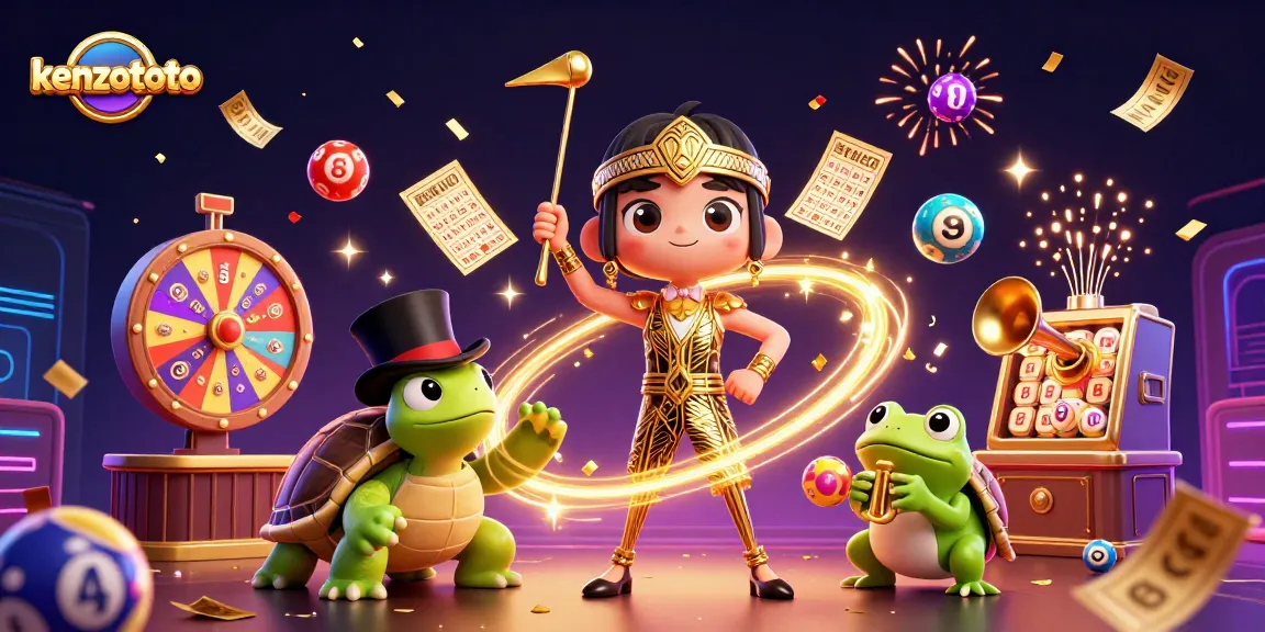 Kenzototo presents a vibrant 3D lottery scene with colorful balls and engaging characters, inviting players to win big.