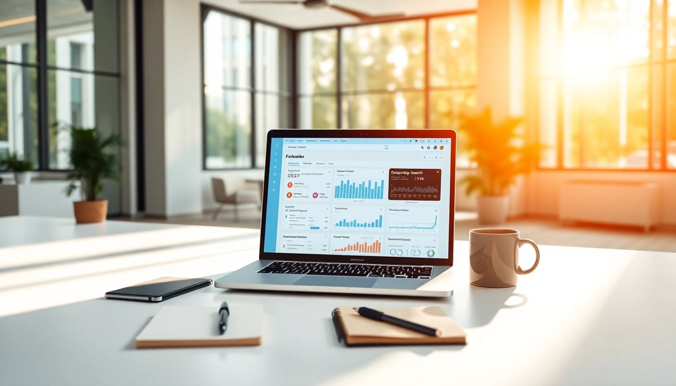 Showcase of enterprise search platforms dashboard on a laptop in a modern office setting.