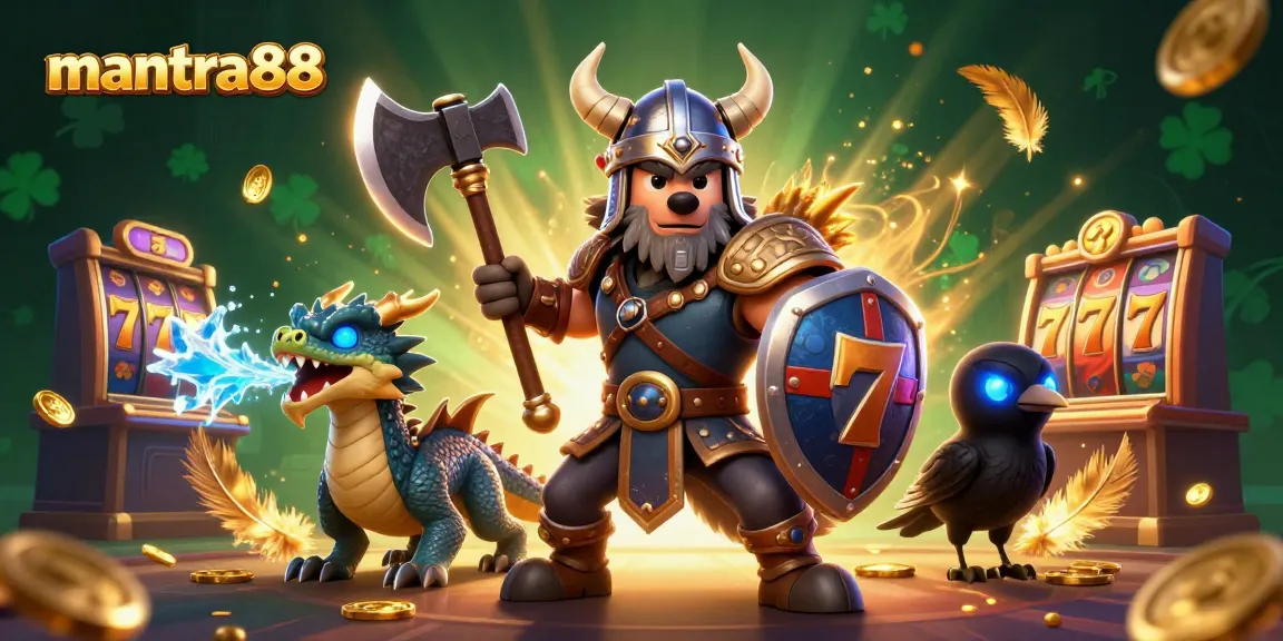 Experience mantra88 excitement with a heroic Viking and dragon in a dynamic casino scene.