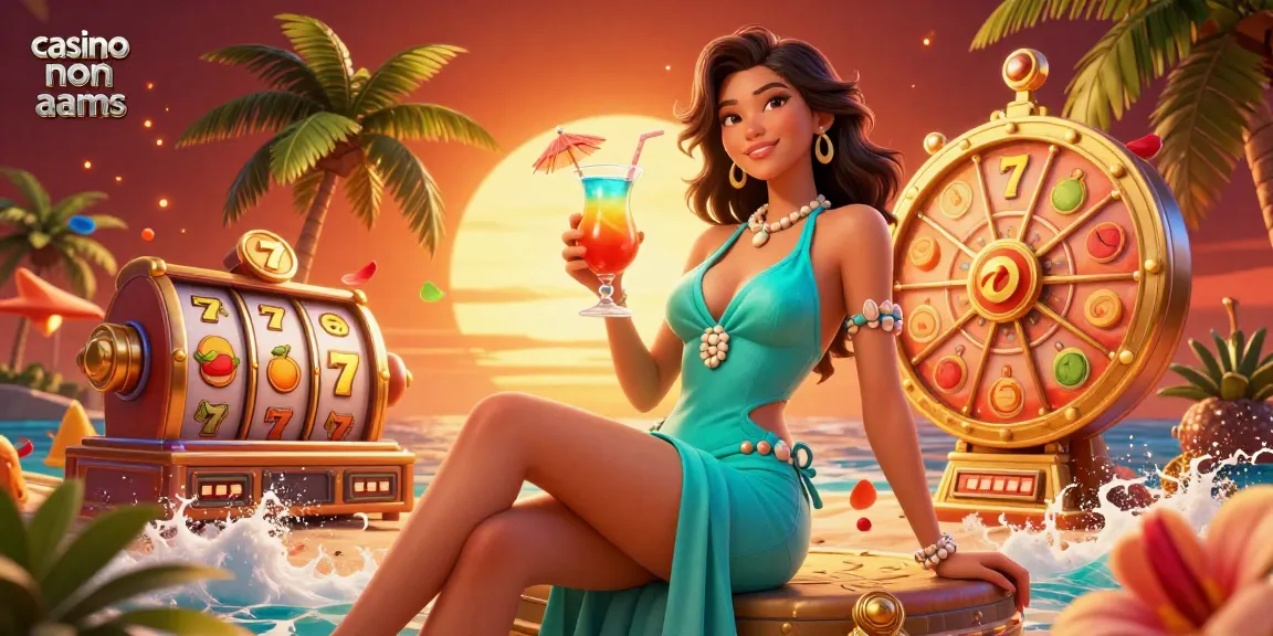 Partecipa a un emozionante gameplay di casino non AAMS con una scena glamour caratterizzata da vibranti rulli delle slot e elementi tropicali.
