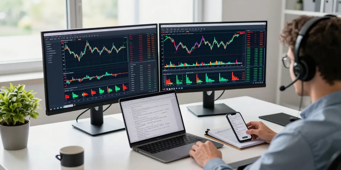 Trader analyzing mt5 platform with dual monitors in a modern office.