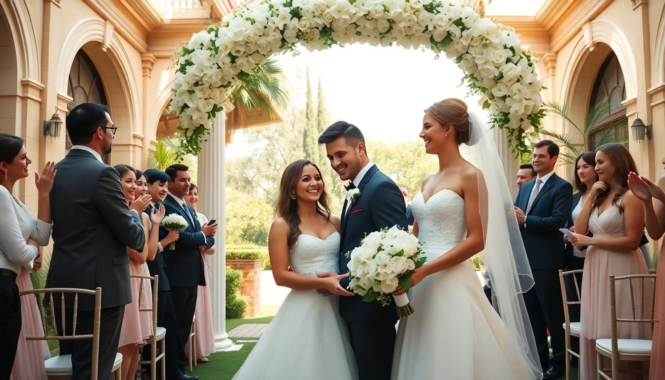 Beautiful couple exchanging vows at a Jacksonville Wedding Venue surrounded by lush gardens and elegant decor.