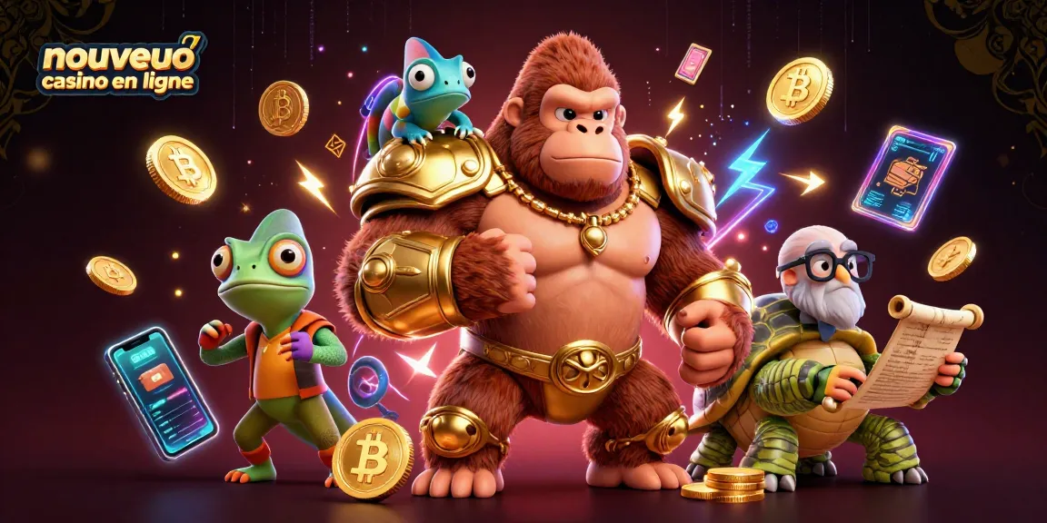 Illustration dynamique d'un nouveau casino en ligne avec des personnages de jeu et des éléments de crypto-monnaie.