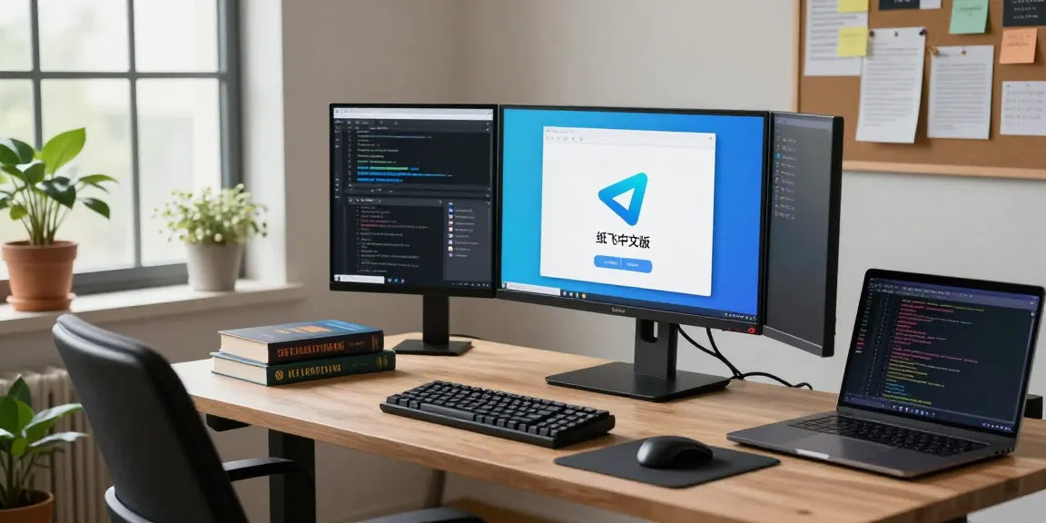 Modern workspace with a developer working on the 纸飞机中文版 interface, showcasing productivity and tech environment.