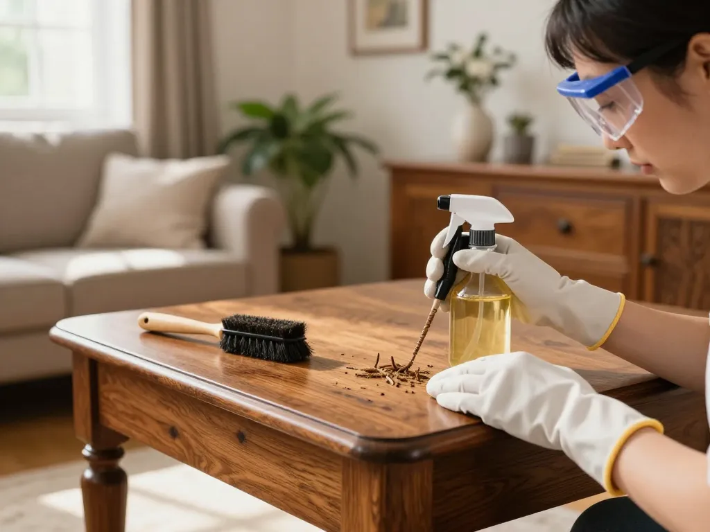 Applicare soluzioni naturali per eliminare tarli da mobili antichi in legno in un soggiorno soleggiato.