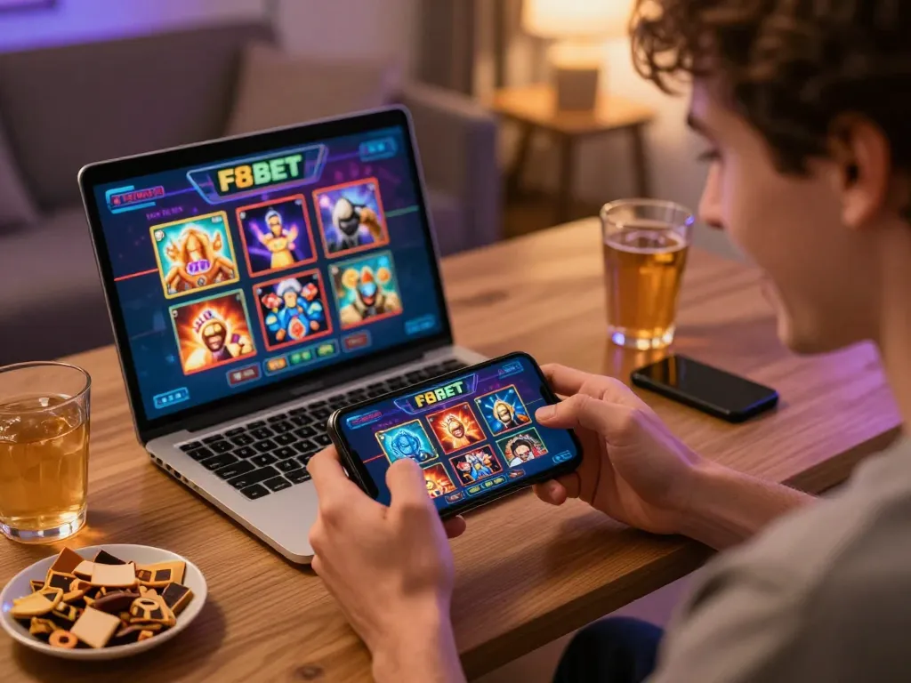 Playing F8 BET on a smartphone, showing excited interaction with a casino app.