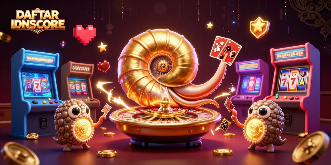 Engage in thrilling gameplay with DAFTAR IDNSCORE, featuring a giant nautilus roulette wheel and vibrant casino elements.
