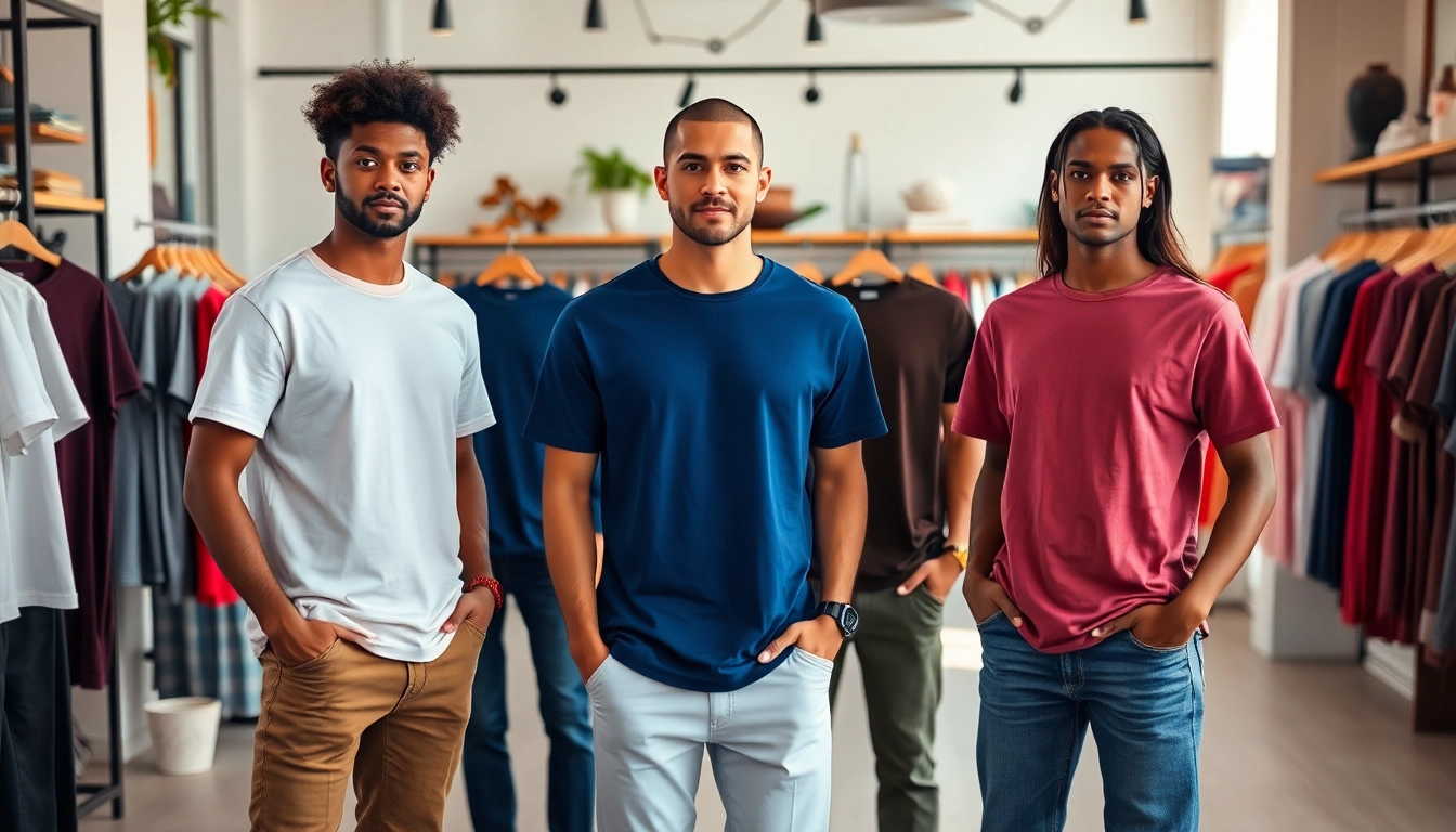 Models displaying best blank t shirts in a stylish boutique setting.