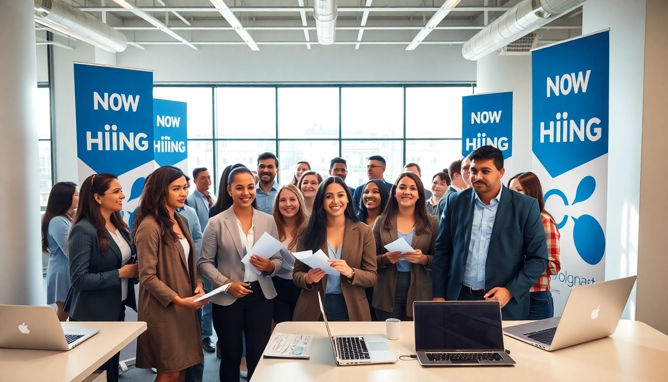 Engaged applicants at a job fair exploring new hire jobs opportunities in a modern setting.