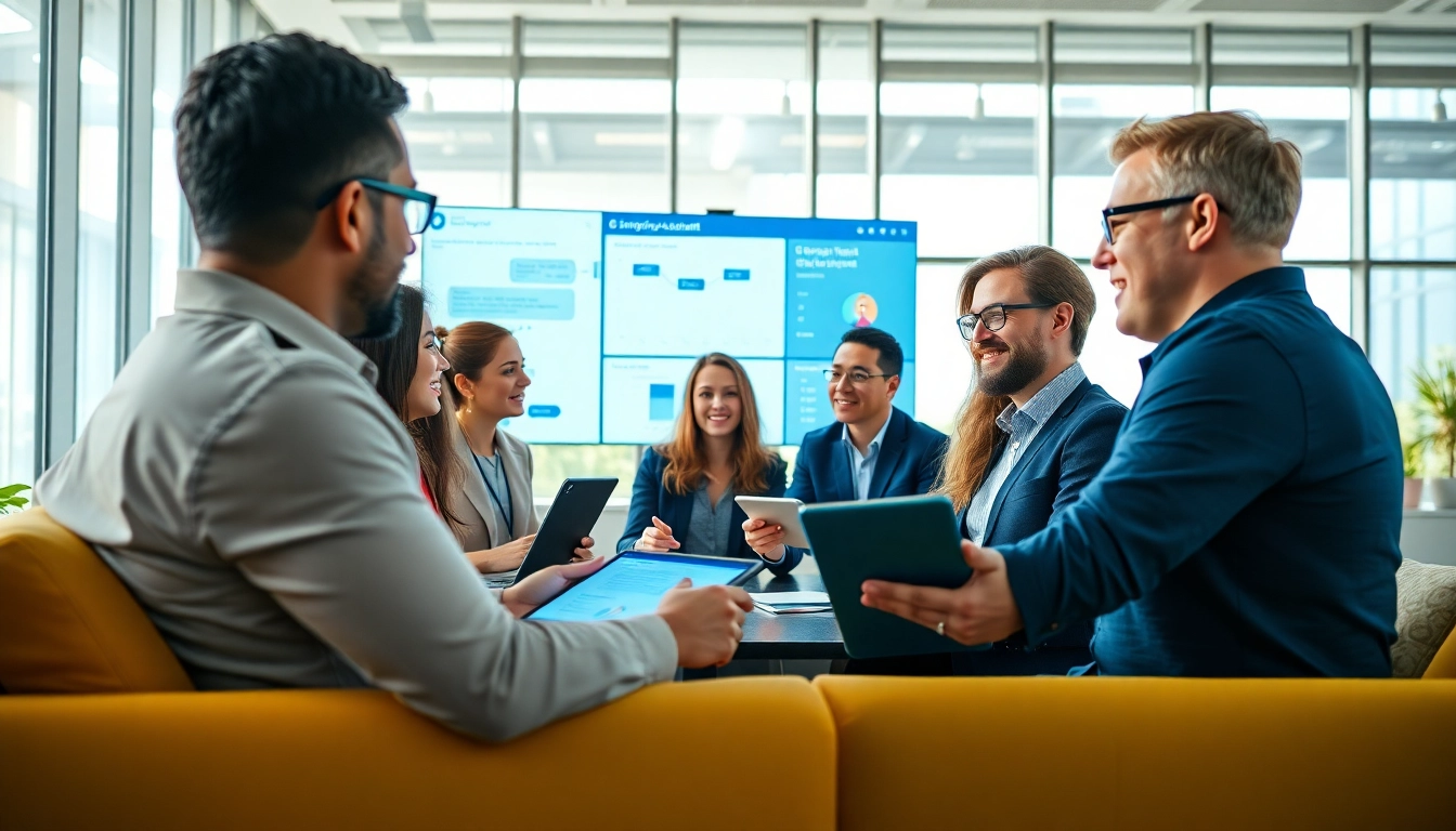 Engaged team utilizing an enterprise assistant for seamless collaboration in a modern workspace.