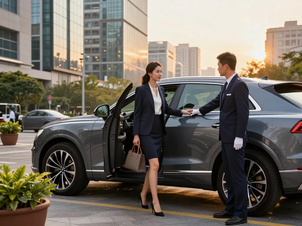 Trải nghiệm cho thuê xe ô tô hạng sang, cho thuê xe ô tô hạng sang, phụ nữ với Audi Q8 trong một bối cảnh đô thị.