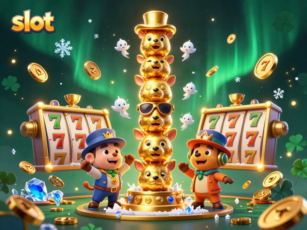 Spin the reels in excitement with slot symbols and totem poles in a vibrant casino scene.