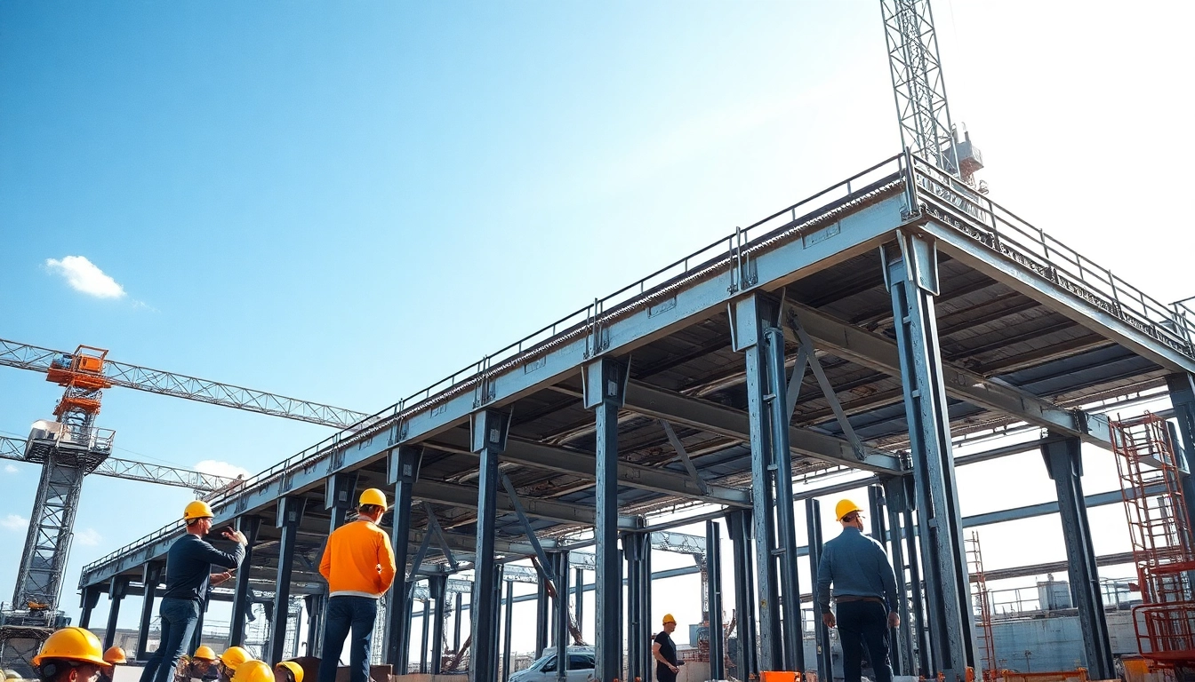 Workers collaborating on a steel structure design in a construction site.