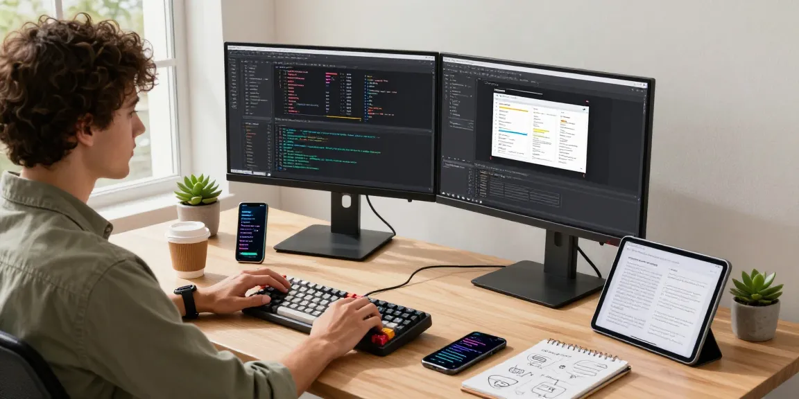 Developer coding at stylish desk in a bright workspace showcasing telegram官网 and tech gadgets.