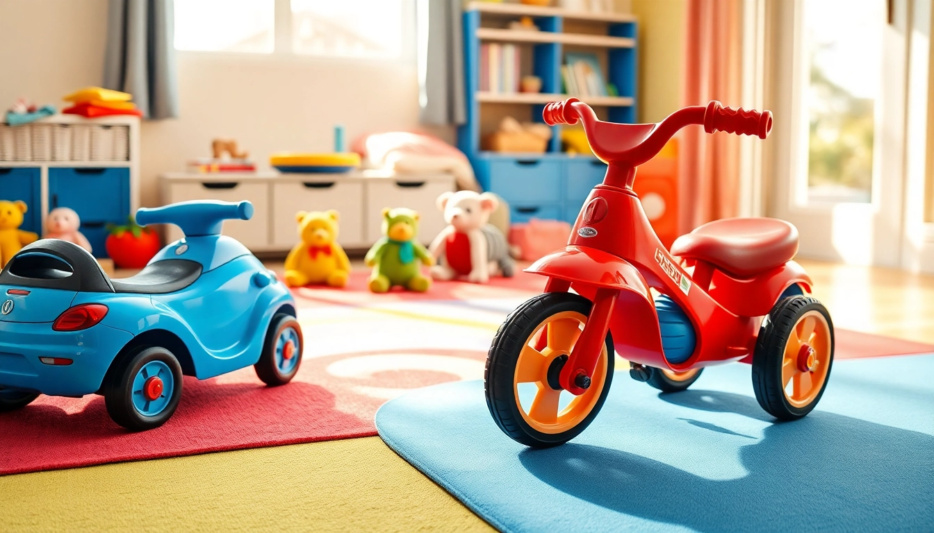 Children enjoy playtime with various ride on toys in a vibrant, cheerful playroom.
