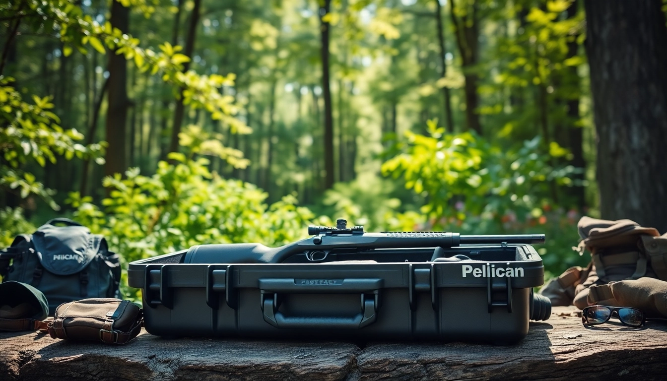 Showcasing a Pelican rifle case opened on a wooden table in the forest, with a rifle inside for protection.