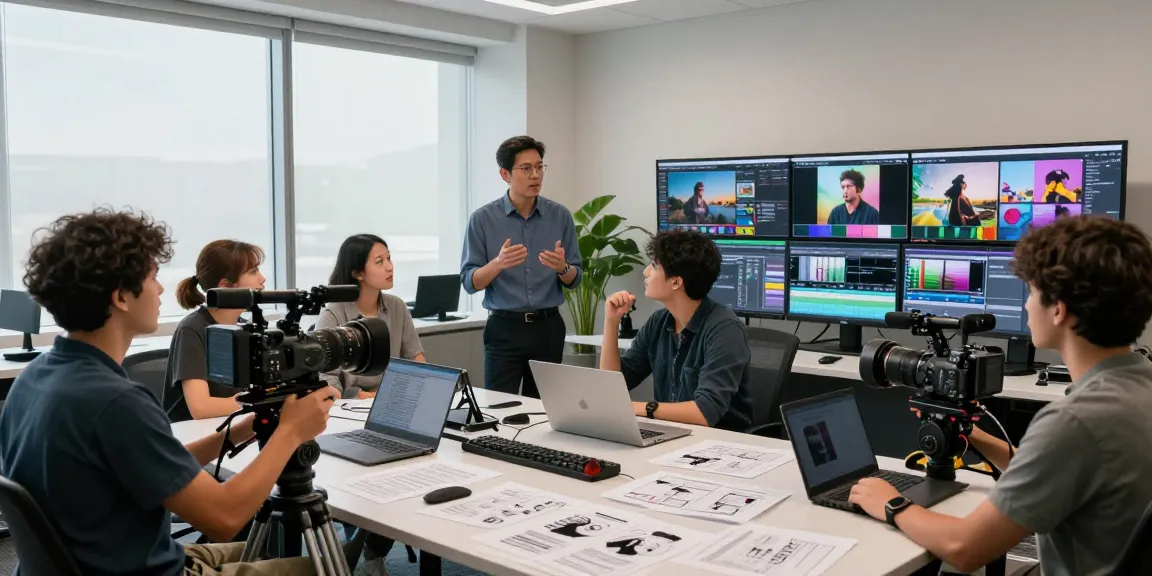 Corporate video production team collaborating in a modern studio environment with cameras and editing equipment.