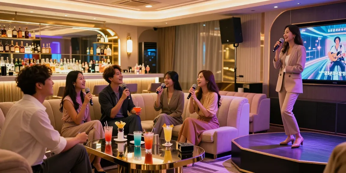 Group of friends enjoying a vibrant night at 강남가라오케 with luxurious interior and lively atmosphere.